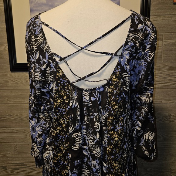 Free People Black Blue Floral Crochet Top Bell Sleeve Mini Dress Boho Size L - Picture 6 of 13